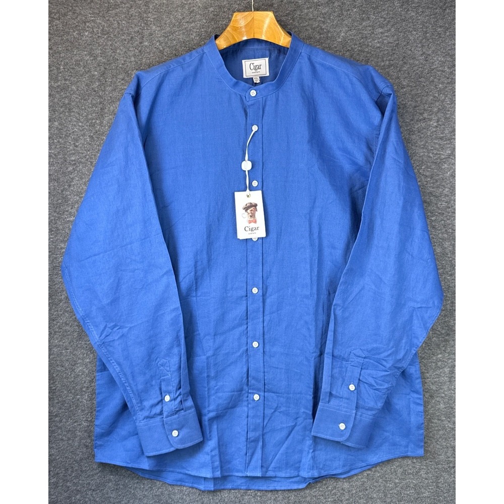Cigar Couture Linen Shirt Mens 4XL Blue New Band Collar‎ Long Sleeve NWT $129